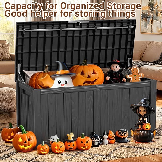 120 Gallon Resin Deck Box Outdoor with Hydraulic Rods, Waterproof Storage Box with Handles and Lockable for Store Garden Tools Backyard, Multi-Functional Seat & Table, Black