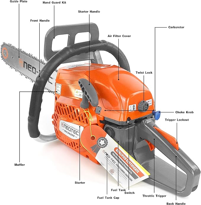 NEO-TEC 20 Inch Chainsaw, 62CC Power Chain Saws Gas Powered 2 Stroke Handed Petrol Gasoline Chain Saw for Cutting Wood Outdoor Garden