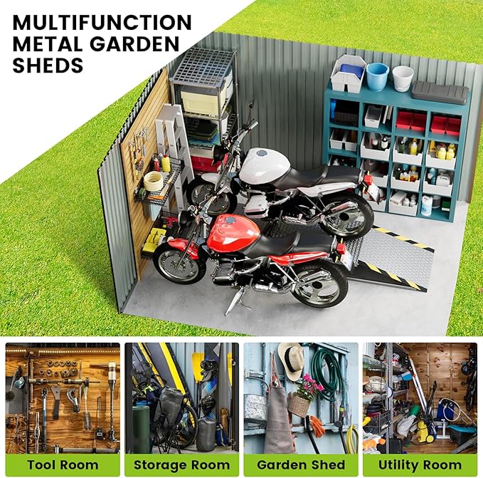 8x12 FT Outdoor Metal Storage Shed, Large Metal Storage Sheds with Sturdy Frame Structure, Garden Tool Shed with Lockable Door for Garden, Lawn, Backyard, Brown