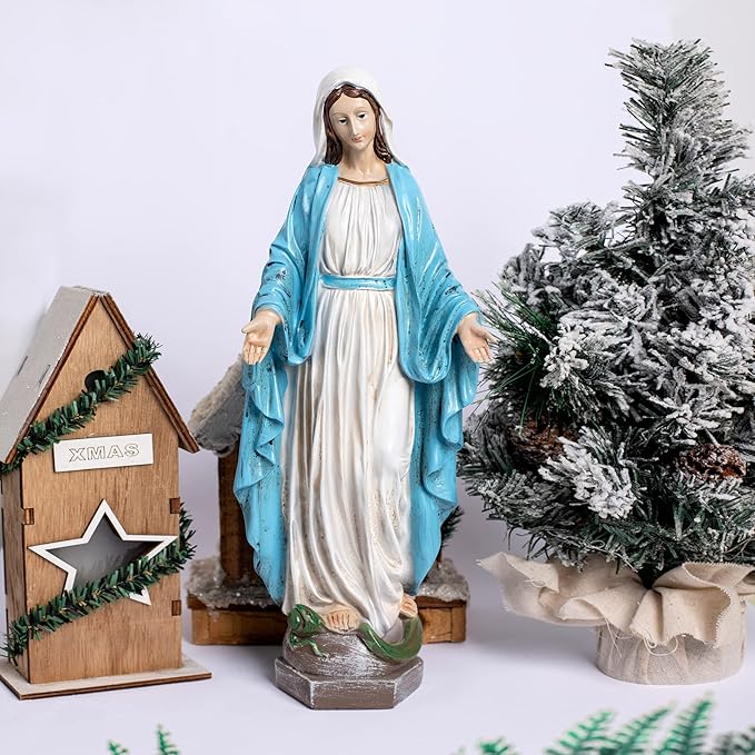 Our Lady of Grace Blessed Virgin Mother Mary Statue Catholic Religious 15.8 Inch Colored Resin Statue Figurine for Garden, Outdoor, Patio, Cemetery Grave Stone (Monther Mary)
