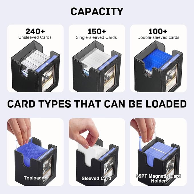 Trading Card Deck Box with Commander Display，3 in 1 MTG Storage Holds 200 Double-Sleeved Cards，2 Deck Boxes & Dice Tray Included，Fits MTG, TCG, PTCG & Sports Cards