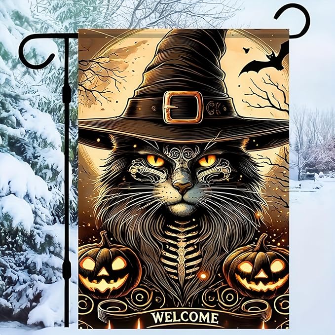 Halloween Garden Flag - Cat Witch Hat, 12x18 Inch Double-Sided Vertical Fall Holiday Outdoor Decorative Flag for Porch, Lawn, Garden