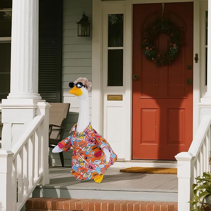 JIAYAN Porch Goose Outfits Outdoor Decoration: 3Pcs Funny Hip Pop Costume with Wigs Sunglasses Set 23"/ 17" Lawn Goose Statue Clothes for Theme Party Garden Patio Yard