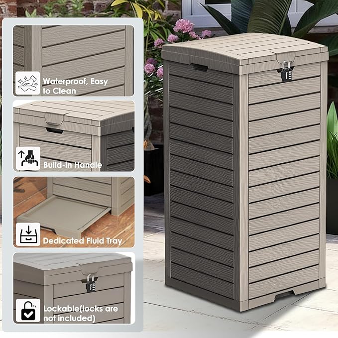 31 Gallon Double-Lid Outdoor Trash Can with Leak-Proof Slide Tray, Weatherproof Resin Waste Bin for Patio, Garden, Indoor and Backyard, Light Brown