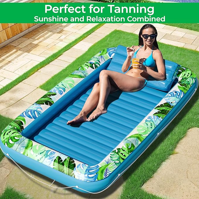 JAMBO Inflatable Tanning Pool Lounger Float, 70 x 47 Sun Tanning Pool Float with Pillow, Water Lounge Raft, Pool Floatie for Adults, Tanning Raft Pool Tub, Water Tanning Bed Kiddie Pool Tanning Floats