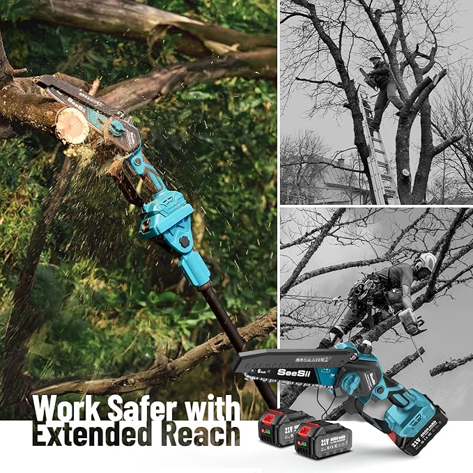 SEESII 2-in-1 Pole Saws for Tree Trimming: Electric Mini Chainsaw 6 Inch Cordless, 2 x 4000mAh Batteries Tree Pruner, Brushless Chain Saw with Extension Pole for Limb Branch Cutter,16Ft Reach