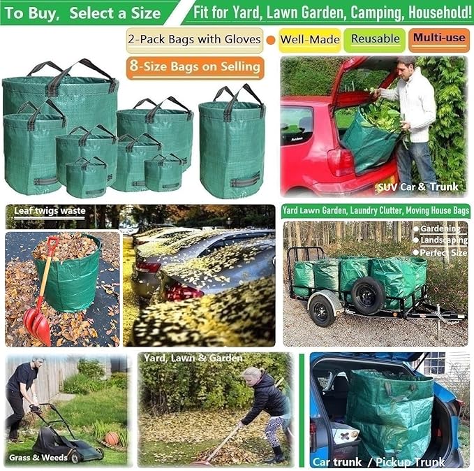 Professional 2-Pack 72 Gallon Large Yard Garden Bags (D26, H30 in) with Gardening Gloves for Yard Waste,Leaf Bag,Lawn Debris Bag,Camping Trash Container,Recycle Bin,Grass Clippings,Weed Bags 4 Handles