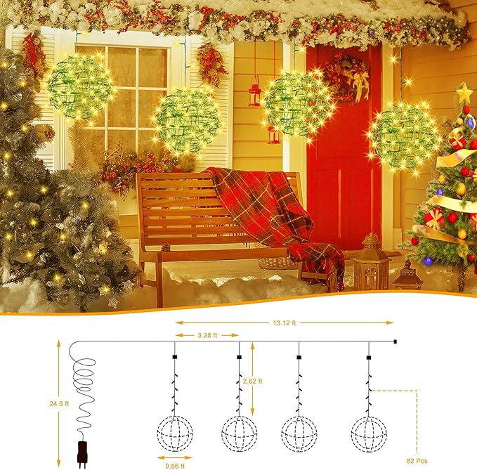Christmas String Lights Outdoors,4 Pack 7.98" Sphere Ball Tree Garden Globe Lights for Home, Party, Christmas, Porch Patio,Wedding, Garden,Tree Decoration with Memory Function Plug