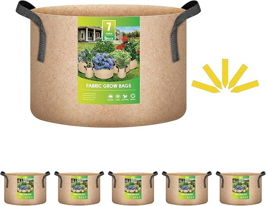 iPower 5-Pack 7 Gallon Plant Grow Bags Thickened Nonwoven Aeration Fabric Pots Heavy Duty Durable Container, Strap Handles for Garden, Tan