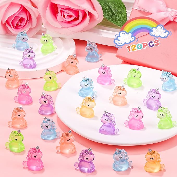 120Pcs Luminous Mini Resin Unicorn Figurines Glow in The Dark Tiny Unicorn to Hide Bulk Plastic Animals for Micro Landscape Fairy Garden Aquarium Dollhouse Birthday Party DIY Crafts Decor