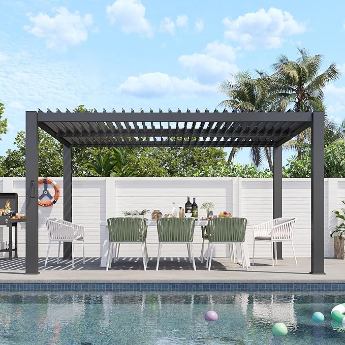 Aoxun Louvered Pergola 10' x 13' 96S Outdoor Metal Pergola with Adjustable Top for Decks, Gardens and Backyards, Easy Assembly via Structural Patent, Gray