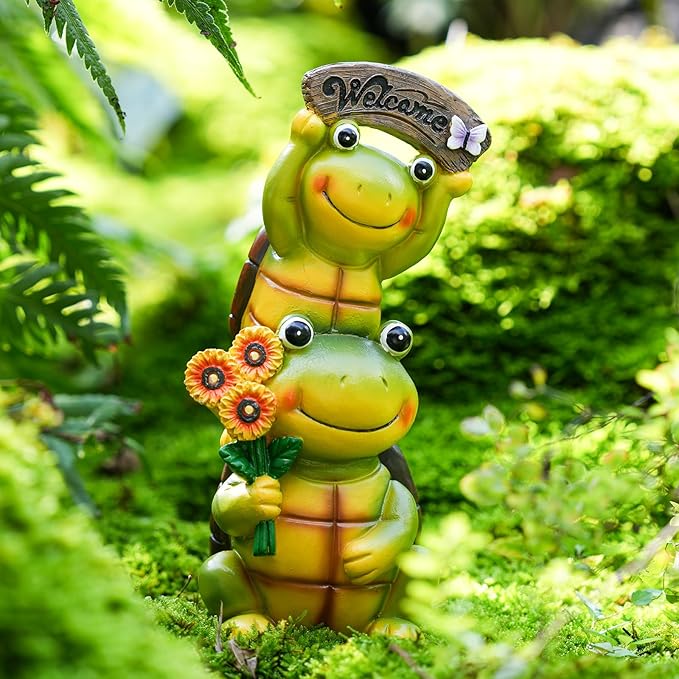 Garden Turtle Outdoor Statues, Solar Garden Statue Two Sweet Frog Face Turtles Decor with 3 LED Lights, for Patio Lawn Porch Yard,Gifts for Birthday, Easter, Housewarming