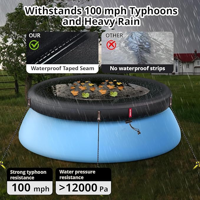 QH.HOME 6ft Round Inflatable Pool Cover for Above Ground Pools, Stock Tank Cover Protector with Attachment, One Piece Tear Resistant Round Hot Tub Cover, Wind and Dust Resistant, Fit Small Pool Cover