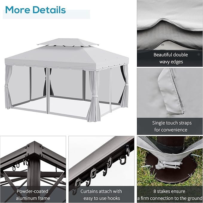 Outsunny 10' x 13' Patio Gazebo, Outdoor Gazebo Canopy Shelter with Netting and Curtains, Aluminum Frame for Garden, Lawn, Backyard and Deck, Light Gray