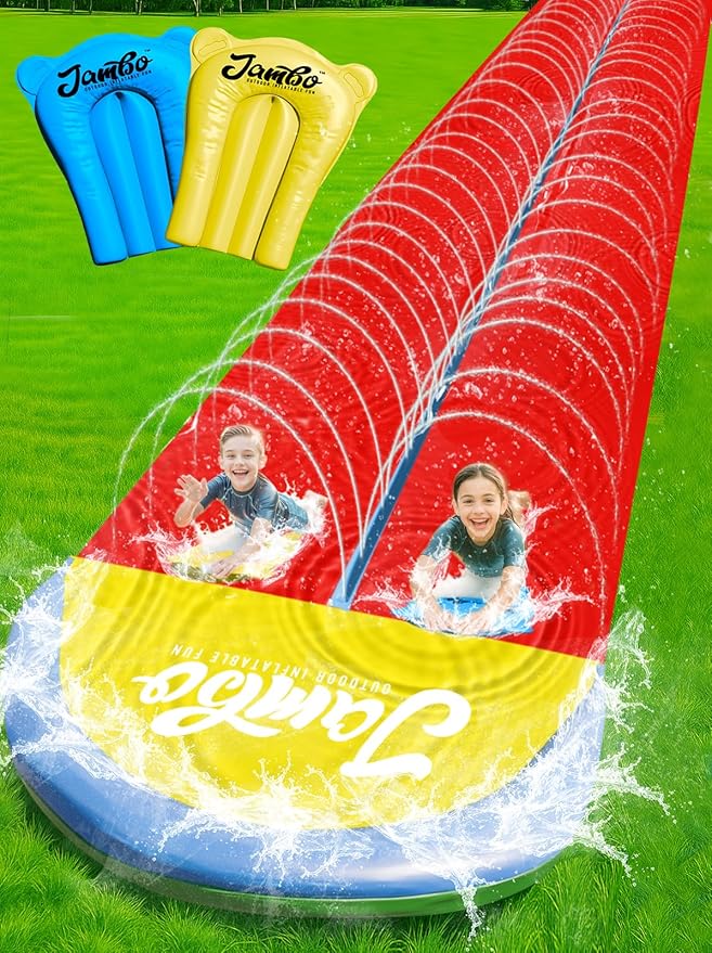 JAMBO 40Ft 3XL Mega Slip Splash and Slide and 2 Bodyboards, Heavy Duty Water with Inflatable Crash Pad, Slide Splash Mat Outdoor Water Sprinkler Splash Mat n Backyard Water Toys