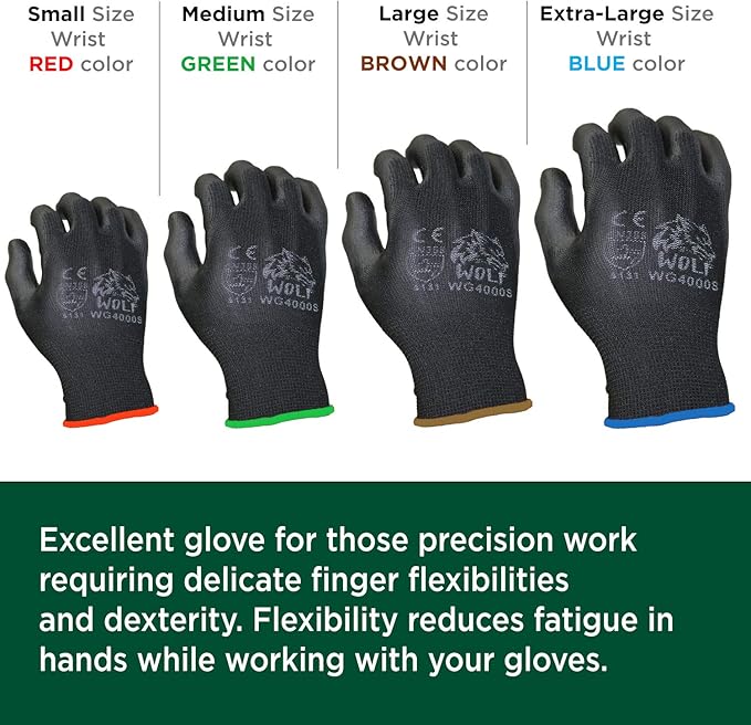 WOLF Polyurethane Palm Coated Nylon Shell Work Gloves, Construction, Mechanic, Warehouse, Yard Work, Gardening