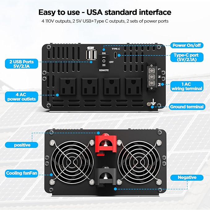 2000W Pure Sine Wave Inverter, Car Power Inverter 12V to 120V AC Converter for RV, Truck, Solar, with 4 AC, 3 USB(5V 2.1A), Hardwire Port, Remote Controller, HD Display, Mult Protection, Surge 4000W