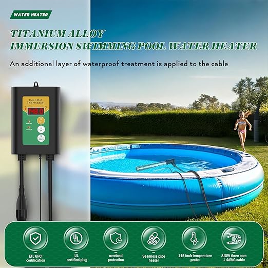 3500W 240V Titanium Fully Submersible Portable Electric Immersion Large Pool Water Heater Waterproof Hot Tub Heater with LCD Thermostat & GFCI Plug, for Swimming Pool, Bathtub, Baptistry, Bucket (YG)