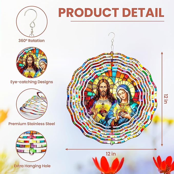 FLAGWIX Christmas Sacred Heart Wind Spinners Outdoor - 3D Stainless Steel Metal Wind Spinners 12 in - Christian Gifts for Women Faith, Virgen De Guadalupe Gift Ideas, Religious Gifts for Mom Grandma