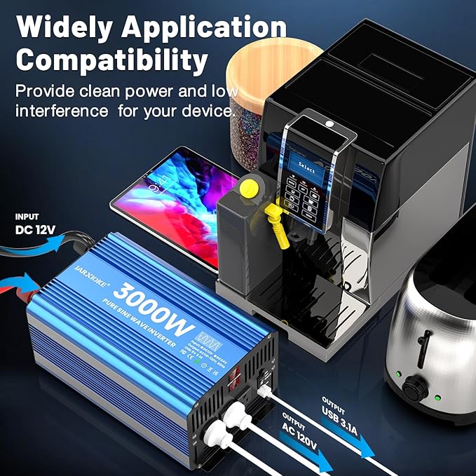 3000 Watt Pure Sine Wave Power Inverter 12V DC to 110V 120V Converter for Home, RV and Off-Grid Solar Systems with 3 AC Outlets, Dual USB Ports, LCD Display and Remote Control