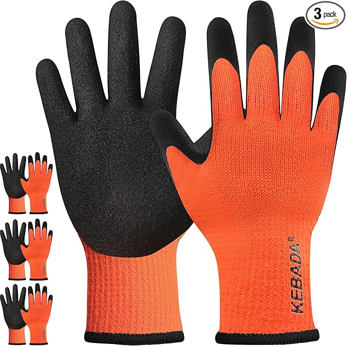 Kebada T3 Winter Work Gloves for Men and Women, Warm Knit Cold Weather Work Gloves, Thermal Insulated Freezer Gloves, 100% Latex Coating Non-slip Grip, Long Wrist Design, 3 Pairs, Orange, Medium
