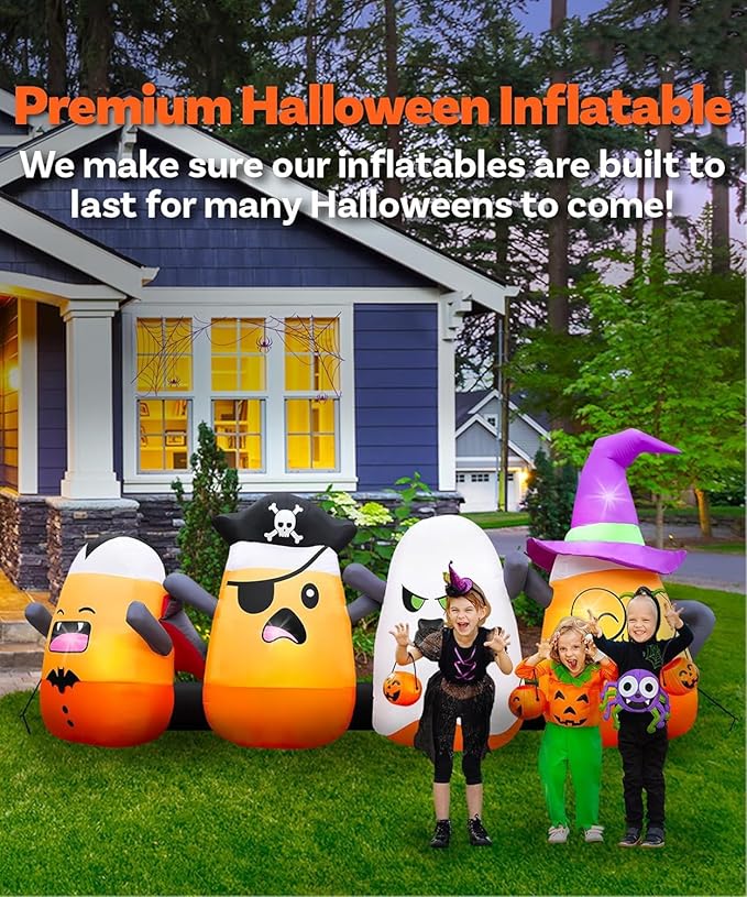 11.5FT Length Halloween Inflatables Four Corn Candy Decoration, Halloween Blow Up Corn Candy Dressed Vampire Pirate Ghost Wizard Built-in 5 LEDs for Yard Lawn Garden Halloween Party Parade