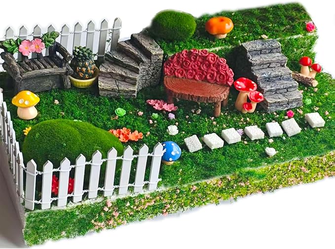 Fairy Garden Kit with 118 Pieces, Miniature Resin Figurines, Mushrooms, Bridge, Steps, Moss, Faux Flowers, Fake Fence, Crystal Gravel & Garden Accessories for DIY Fairy Gardens and Miniature Dioramas