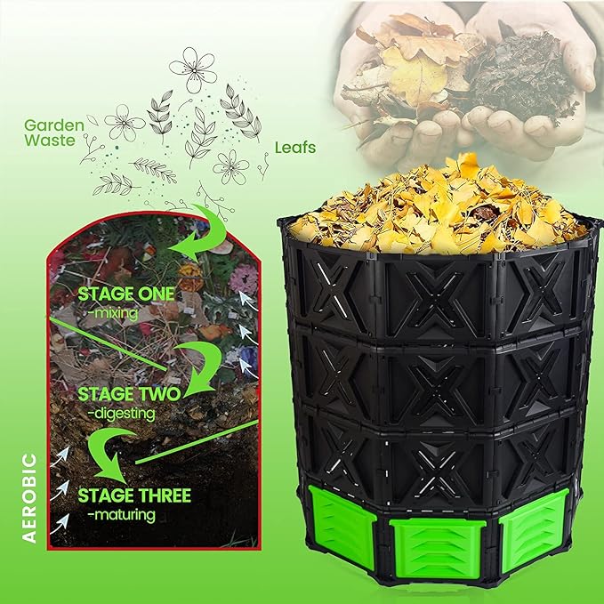 SQUEEZE master XXL Large Compost Bin Outdoor- 720L /190 Gallon-Easy Assembly-No Screws-Sturdy& Durable-Green Door