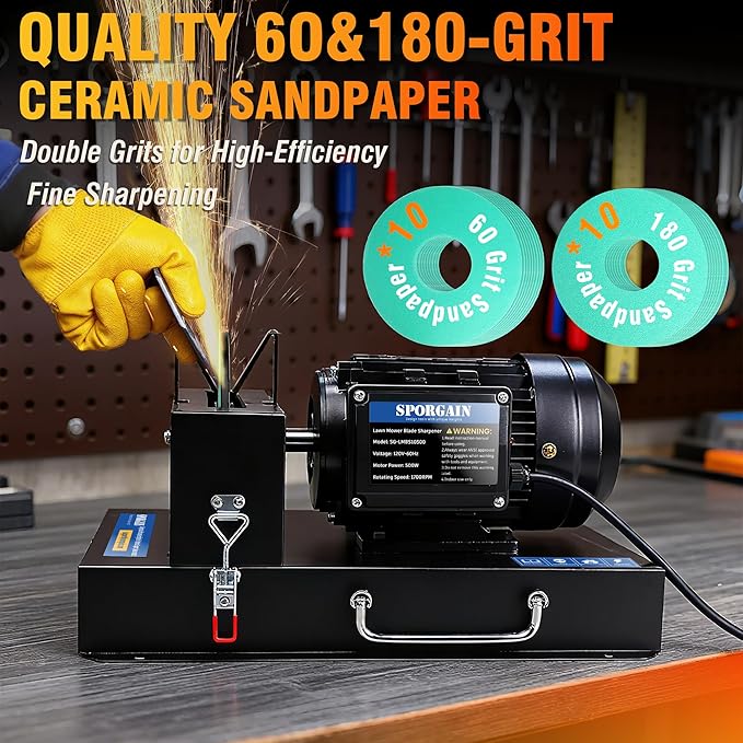 Lawn Mower Blade Sharpener 2/3 HP 500W, 7" Ceramic Wheel with 9 Extra Sandpapers, Heavy-Duty Sharpening Machine for High/Low Lift, Gator & Flat Blades