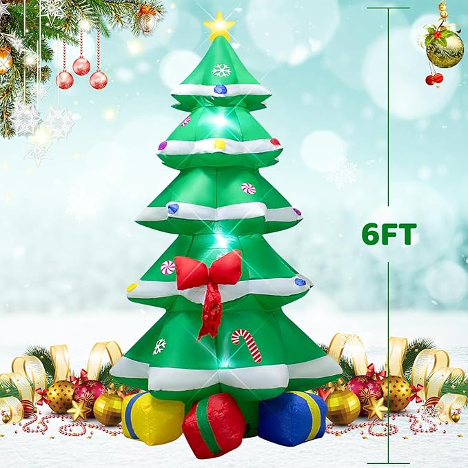 6 Foot Christmas Inflatable Christmas Tree with Gift Box Decoration with LED Lights,Cute Blow up Christmas Tree Indoor Outdoor Decoration - WM - 22