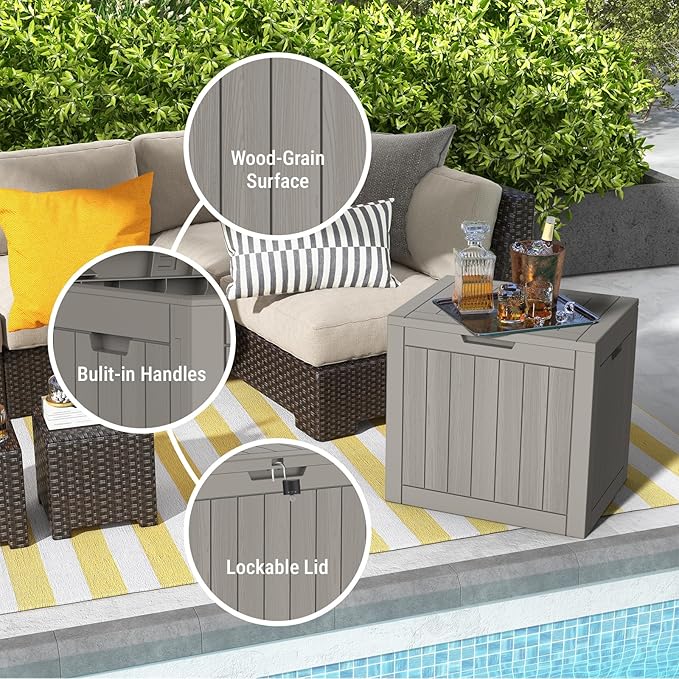 Mars Villa Deck Box, Waterproof Weatherproof and UV Resistant Resin Storage Bin with Lockable Lid, Ideal for, Outdoor, Patio Furniture Cushions, Pool Supplies, Garden Tools (31 Gallon, Light Brown)