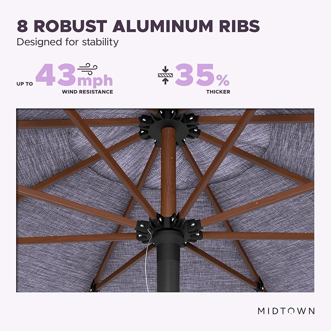 Midtown Umbrellas The Wooden 8 Feet Patio Umbrella With Terylast Purple Texture Polyester Fabric - Aluminum Frame Market Umbrella For Backyard, Deck, Garden, Pool - Wooden Pole
