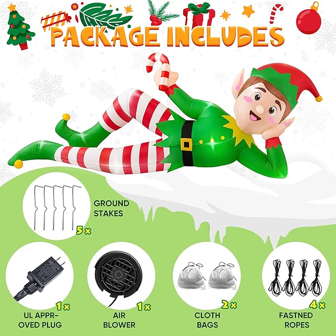 8 FT Christmas Inflatable Outdoor Decoration, Lying Elf Christmas Blow up Yard Decorations with LED Lights, Elf Inflatable Outdoor Decoration for Garden Lawn Roof Xmas Decorations