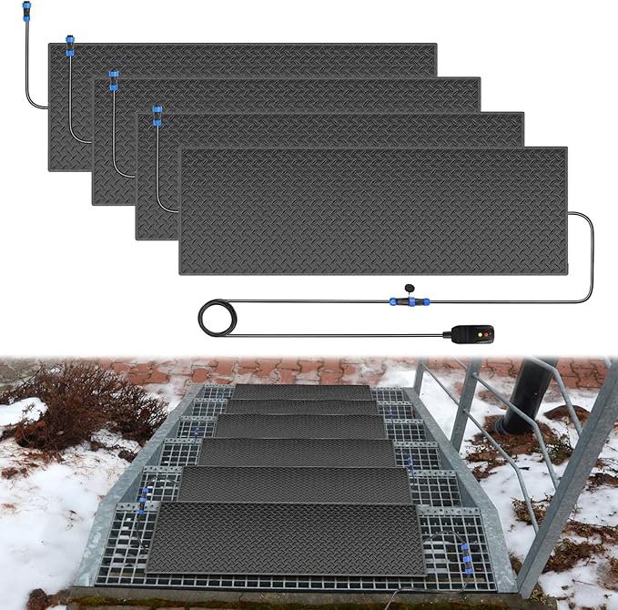 Snow Melting Mats Outdoor for Stairs,10 x 30 in 4 Pack No-Slip Heated Outdoor Mats with 10 ft Power Cord, 3 in/h Speed Snow and Ice Melting Pads for Winter Outdoor Stairs, Steps Snow Removal