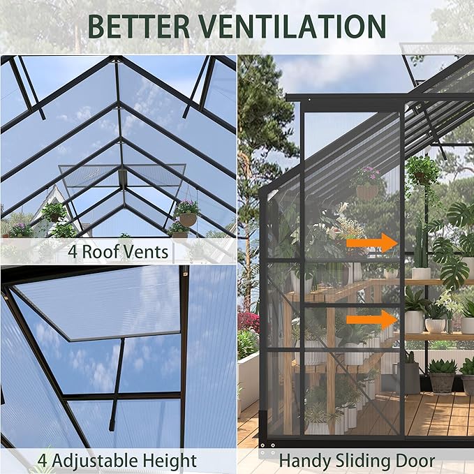 Greenhouses for Outdoors, 8x16 FT Polycarbonate Greenhouses with 4 Adjustable Roof Vents, Walk-in Aluminum Frame Green Houses for Outside with Sliding Doors Windproof, Garden