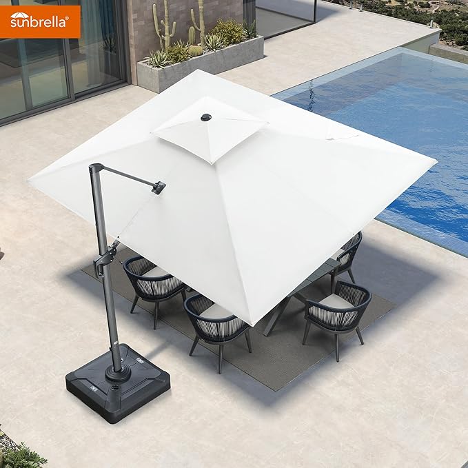 PURPLE LEAF Cantilever Umbrella with Base Included 9' X 12' Outdoor Patio Rectangular Umbrella with Double Top Large Heavy Duty 360° Rotation Offset for Deck Garden Pool Canvas Natural