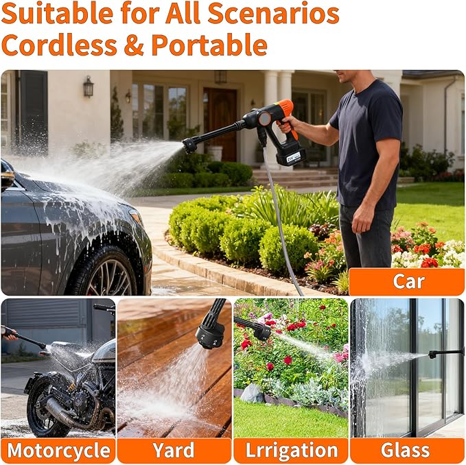 Cordless High-Pressure Washer, Includes 4.0Ah Battery and Charger, with 6-in-1 Nozzle; Portable Cordless high-Pressure Washer Ideal for car Washing, Yard Maintenance, and Household Cleaning.