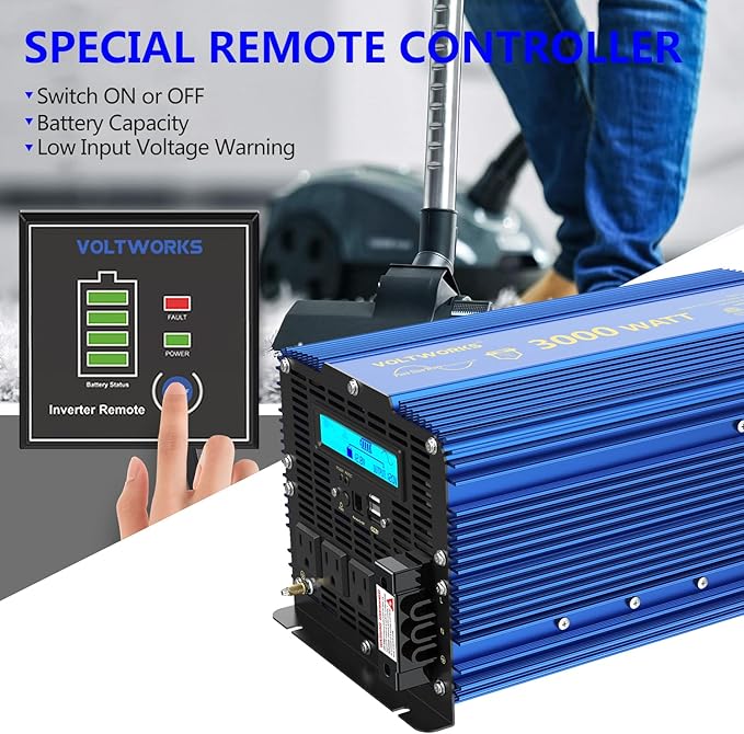 VOLTWORKS 3000W Pure Sine Wave Power Inverter 3000 Watt 12V DC to 110V 120V AC ETL Listed UL458 Compatible with Starlink & Lithium Battery for Off-Grid Solar Car RV Truck Boat with 30FT Wired Remote