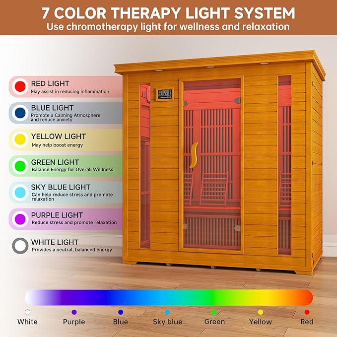 springspa 4 Person Infrared Sauna Room, Low EMF FAR Infrared Sauna for Home, Canadian Hemlock Wooden Indoor Sauna, with 10 Heating Panel, 2 LCD Panel, Bluetooth Speaker, 7 Therapy Light