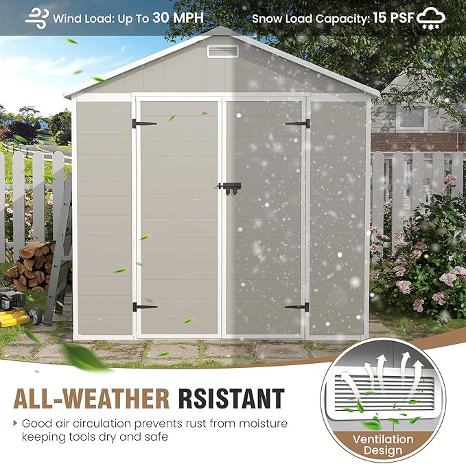 Amopatio 10x8 Storage Shed, Resin Outdoor Shed with Floor Included, Plastic Sheds Outdoor Storage for Bike, Garden Tools, Sheds & Outdoor Storage with Lockable Door, Window & Vents, Sandstone