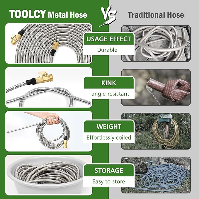 TOOLCY Garden Hose 50FT x 1/2inch, 304 Stainless Steel Garden Hoses, Heavy Duty Metal Water Hoses for Outdoor Flexible, No-Kink & Tangle, Puncture Resistant