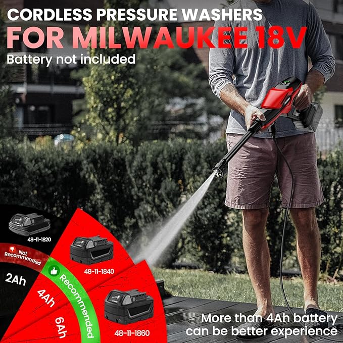 Cordless Pressure Washer for Milwaukee 18V Battery, 800 PSI Portable Handheld Power Washer with Brushless Motor, 6-in-1 Nozzle, 3 Level Adjustable for Car Yard Fence Cleaning (Battery Not Included)