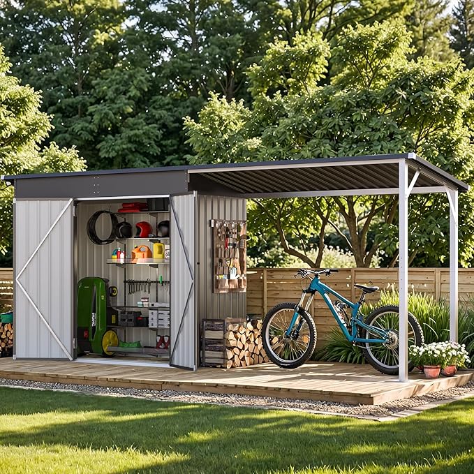 AECOJOY 14x4FT Metal Lean to Shed with Open-Sided Pergola, 4'x8' Outdoor Storage Shed & 6'x4' Attached Hardtop Gazebo Combo, 56 Sq.Ft Covered, 2-in-1 Small Sheds & Outdoor Storage for Patio, Backyard