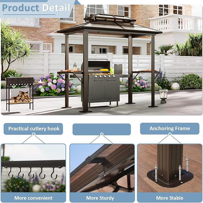 Aoxun Grill Gazebo 8 x 5FT, Outdoor Barbecue Gazebo with Double Polycarbonate Top, Aluminum Grill Canopy with Shelves for Patio, Garden, Lawn