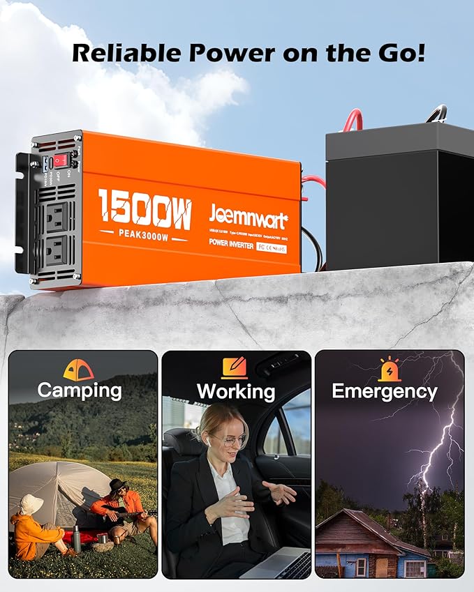1500W Inverter 12V DC to 120V AC Converter with 2 AC Outlets, QC3.0/PD30W Fast Charging USB Ports, Car Power Inverter Adapter for Vehicles
