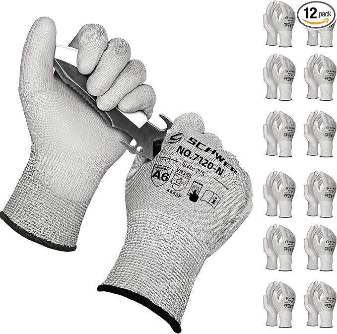 Schwer 12 Pairs ANSI A6 Cut Resistant Gloves CR7120 Cut Proof Work Gloves, Touchscreen, for Men and Women Used for Woodworking, Glass Cutting, Construction, Cargo Handling, Car Repair, XS