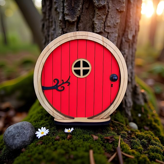 Red Fairy Garden Door for Tree, Fairy Doors for Trees Outdoor and Tree Trunk, Mini Fairy Garden Sculpture Lawn Ornament Decor, Fairytale Tiny House Doors Mini Gift, Fairytales Door Decoration