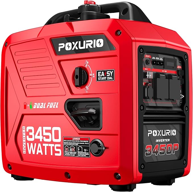 3450-Watt Dual Fuel Inverter Generator for Home Use, 1.6Gallon Large Fuel Tank Up to 8.3 Hours Use, 120V Gas Powered Generator Super Quiet, Red