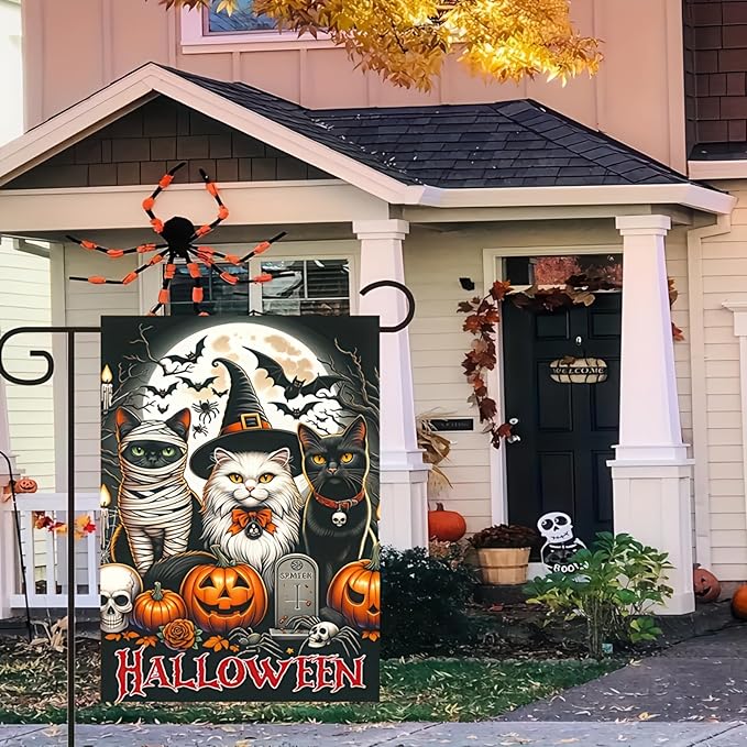 Halloween Garden Flag Double Sided 12x18 - Black Cat Spooky Themed Wall Art With Witch, Mummy, and Cats - Halloween Party Home Decoration and Seasonal Gifts - Lawn Yard Outdoor