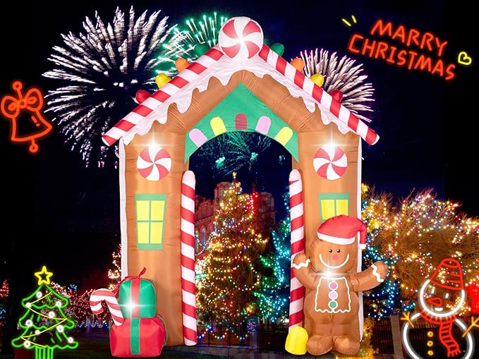 Hioasis 10 FT Christmas Inflatable Decorations - Archway with Gingerbread Man and Gift Box Outdoor Inflatables with LED Lights Perfect for Christmas Party & Yard
